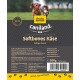 Hundesnackverpackung 'Caniland Softbones Käse' mit zwei Hunden, die Ball spielen; enthält deutsche Nährwertinformationen und Fütterungsempfehlungen.