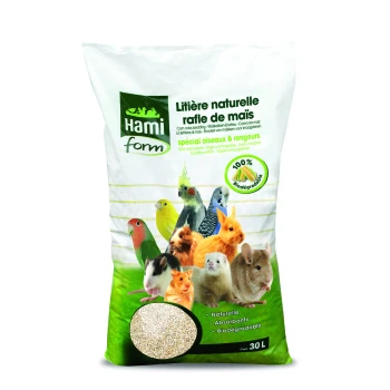 Litière en épis de maïs naturel pour oiseaux et petits animaux, avec une variété de petits animaux colorés sur le sac, étiquetée comme 100% biodégradable.