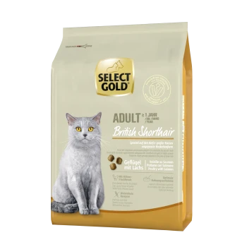 Select Gold cat food bag for British Shorthair, featuring a gray cat, with text highlighting poultry and salmon ingredients.