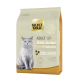 Wählen Sie die Goldkatzenfuttertasche für Britische Kurzhaarkatzen, mit einer grauen Katze, und Text, der Geflügel- und Lachsbestandteile hervorhebt.