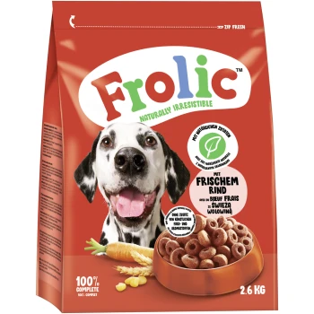 Hundefutterbeutel mit einem glücklichen Dalmatiner, beschriftet mit 'Frolic Naturally Irresistible' und den Texten '100% Complete' und 'Mit frischem Rind'.