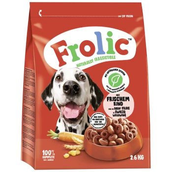 Hundefutterbeutel mit einem glücklichen Dalmatiner, beschriftet mit 'Frolic Naturally Irresistible' und den Texten '100% Complete' und 'Mit frischem Rind'.
