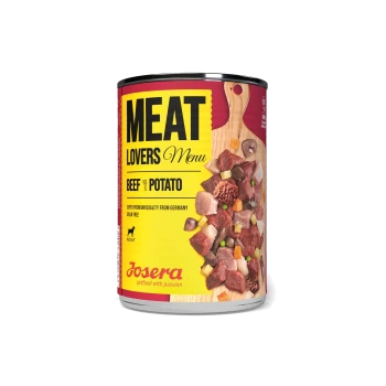 Dosen-Hundefutter mit der Aufschrift 'Meat Lovers Menu Rind mit Kartoffel', mit Fleischstücken und Gemüse, von Josera, getreidefrei, für Erwachsene.