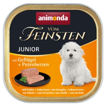 Vom Feinsten Junior 22x150g Geflügel und Putenherzen Dose mit Nassfutter für Hunde mit einem weißen Welpen auf der Vorderseite, beschriftet mit 'animonda vom Feinsten JUNIOR mit Geflügel + Putenherzen.'