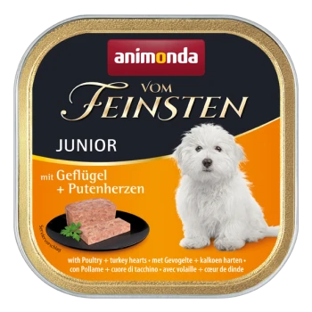 Dose mit Nassfutter für Hunde mit einem weißen Welpen auf der Vorderseite, beschriftet mit 'animonda vom Feinsten JUNIOR mit Geflügel + Putenherzen.'