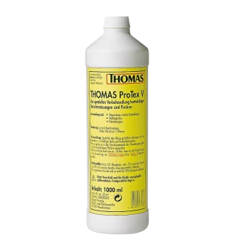 Flasche mit THOMAS ProTex V, einem Fleckenbehandlungsprodukt, mit gelbem Etikett, das die Anwendungshinweise und Inhaltsstoffe auf Deutsch beschreibt.