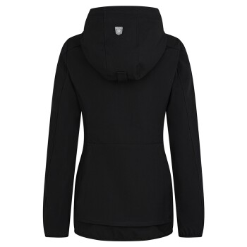 Rückansicht einer schwarzen Haustierjacke mit Kapuze, die ein Logo auf dem oberen Rücken und ein passgenaues Design aufweist.