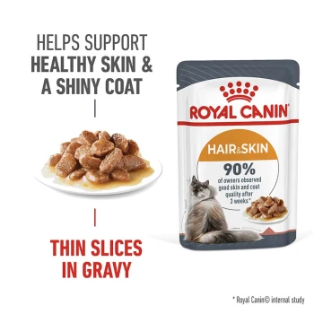 Royal Canin Hair & Skin cat food pouch featuring thin slices in gravy, with text highlighting support for healthy skin and shiny coat.