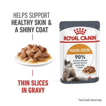 Royal Canin Hair & Skin cat food pouch featuring thin slices in gravy, with text highlighting support for healthy skin and shiny coat.