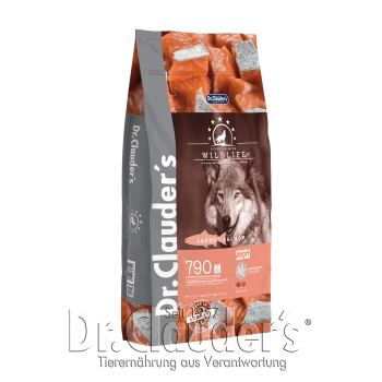 Dr. Clauder's Wildlife Haustierfutterbeutel mit Lachs, mit einem Wolfbild, das "790 g/kg" und "Frisches Fleisch, Getreidefrei" angibt.