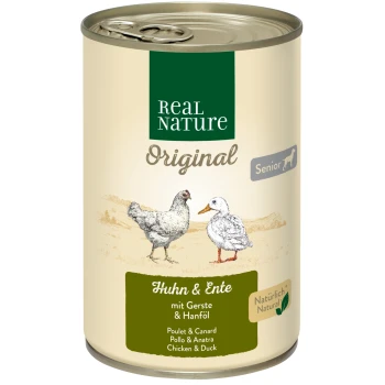 Dosenfutter für Haustiere "Real Nature Original Senior" mit Huhn- und Entenillustrationen, beschriftet mit "Huhn & Ente mit Gerste & Hanföl."