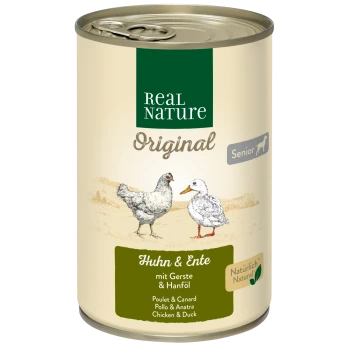 Dosenfutter für Haustiere "Real Nature Original Senior" mit Huhn- und Entenillustrationen, beschriftet mit "Huhn & Ente mit Gerste & Hanföl."