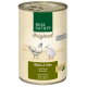 Dosenfutter für Haustiere "Real Nature Original Senior" mit Huhn- und Entenillustrationen, beschriftet mit "Huhn & Ente mit Gerste & Hanföl."