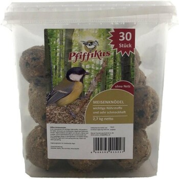 Plastikbehälter Pfiffikus Meisenknödel, Etikett '30 Stück'; Meisenknödel 2,7 kg netto, 'ohne Netz' sichtbar.