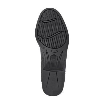 Schwarze Schuhsohle mit strukturierten Griffmustern und einem zentralen Logo, das Haltbarkeit und Traktion zeigt.