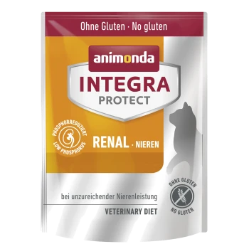 Animonda Integra Protect Renal Haustierfutterverpackung, die ein glutenfreies Etikett, einen niedrigen Phosphorgehalt und eine veterinärmedizinische Diätanzeige zeigt.