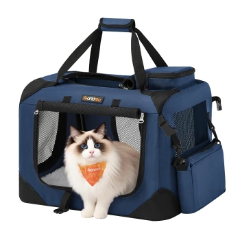 Navyblauer Tierträger mit Netzfenstern, einem weichen Innenraum und einer oberen Tasche; verfügt über einen Griff und eine Seitentasche.