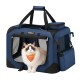 Navyblauer Tierträger mit Netzfenstern, einem weichen Innenraum und einer oberen Tasche; verfügt über einen Griff und eine Seitentasche.