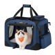 Navyblauer Tierträger mit Netzfenstern, einem weichen Innenraum und einer oberen Tasche; verfügt über einen Griff und eine Seitentasche.