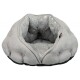 Przytulne szare legowisko dla zwierząt z pluszowym wnętrzem, o zaokrąglonym kształcie i pikowanym wzorze, idealne dla małych psów lub kotów.