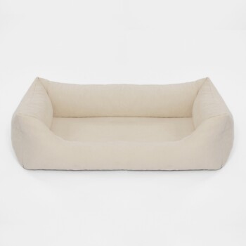 Ein weiches, rechteckiges Haustierbett aus hellgrauem Stoff mit erhöhten Kanten, entworfen für Komfort und Unterstützung für Haustiere.