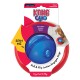 KONG Gyro treat dispenser in blue and red, labeled for food dispensing with "Spin Me" and "Roll & Flip Action Engages Dogs."