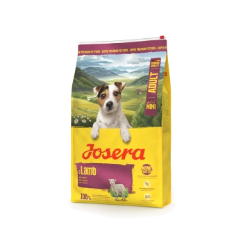 Josera Mini Adult Hundefutterbeutel mit Lammgeschmack, deutsche Qualität, Monoprotein und ländlicher Hintergrund.