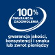 Blaues Abzeichen mit der Aufschrift '100% GWARANCJA ZADOWOLENIA' und dem Text 'gwarancja jakości, konsystencji i smaku lub zwrot pieniędzy'.