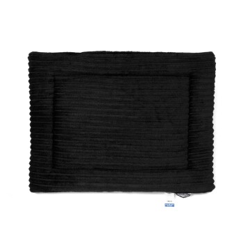 Schwarzes Haustierbett mit gerippter Textur und einem umrandeten Design, auf einem weißen Hintergrund präsentiert.