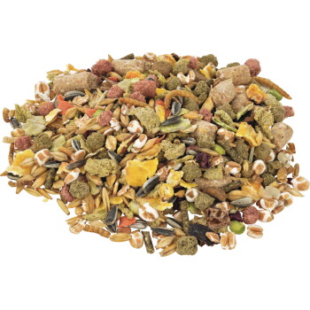 Mixed small-animal food: seeds, sunflower kernels, extruded pellets, dried vegetable pieces and mealworms