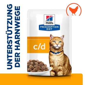 Hill's Prescription Diet c/d Katzenfutter mit rotgetigerter Katze, Schale mit Nassfutter, Hühner-Icon und 'UNTERSTÜTZUNG DER HARNWEGE'.