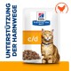 Hill's Prescription Diet c/d Katzenfutter mit rotgetigerter Katze, Schale mit Nassfutter, Hühner-Icon und 'UNTERSTÜTZUNG DER HARNWEGE'.