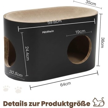 Schwarzes ovales Kratz- und Katzenhaus mit runden seitlichen Öffnungen, beschriftet „PetRhein“, drei Katzen liegen darauf und nutzen die Öffnungen.