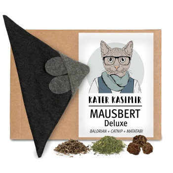 Katzenspielzeug-Set mit einer schwarzen Filzmaus, drei Arten von Katzenminze und einem Etikett mit der Aufschrift „Kater Kasimir Mausbert Deluxe Baldrian + Catnip + Matatabi“.