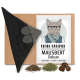 Katzenspielzeug-Set mit einer schwarzen Filzmaus, drei Arten von Katzenminze und einem Etikett mit der Aufschrift „Kater Kasimir Mausbert Deluxe Baldrian + Catnip + Matatabi“.