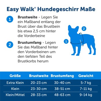Infografik, die die Maße des Easy Walk® Hundegeschirrs zeigt, einschließlich Brustbreite, Umfang und Größentabelle für kleine Hunde.
