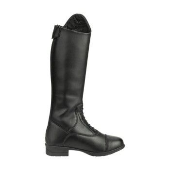 Schwarze Reitstiefel mit schlankem Design, mit einer Schnürung vorne und einer glatten Oberfläche, vor einem weißen Hintergrund präsentiert.