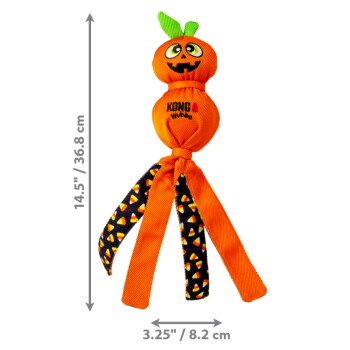 Orange pumpkin KONG Wubba dog toy with jack-o'-lantern face, green leaf top and three candy-corn patterned legs.