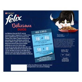 Emballage bleu Purina Felix «Délicieux Duos» pour chat, avec un chat noir et blanc mangeant dans une gamelle et le texte «MODE D'EMPLOI» visible.