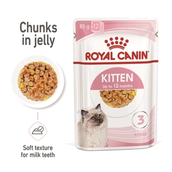 Royal Canin Kitten food pouch, 85g x 12, featuring chunks in jelly, suitable for kittens up to 12 months, with a soft texture for milk teeth.