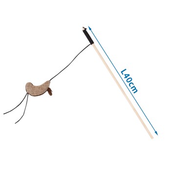 Katzenspielzeugstock mit einem 40 cm langen Holzstab und einem braunen, vogelähnlichen Plüschanhänger an einem Band.