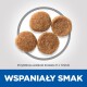Cztery okrągłe granulki karmy dla zwierząt na jasnym tle z napisem "WSPANIAŁY SMAK" i rozmiarem "11 x 11,5 mm" poniżej.