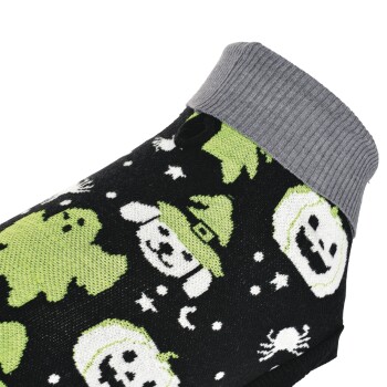 Black pet sock with grey cuff featuring green and white Halloween motifs: ghost, witch-hat dog face, skull, spider.