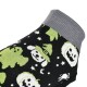Black pet sock with grey cuff featuring green and white Halloween motifs: ghost, witch-hat dog face, skull, spider.