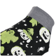Black pet sock with grey cuff featuring green and white Halloween motifs: ghost, witch-hat dog face, skull, spider.