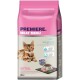 2kg bag of PREMIERE Meat Menu kitten food with a playful tabby kitten, highlighting 55% salmon and poultry.
