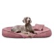 Ein grauer Weimaraner-Hund, der auf einem plüschigen, rosa Hundebett mit einem kleinen passenden Kissen entspannt.
