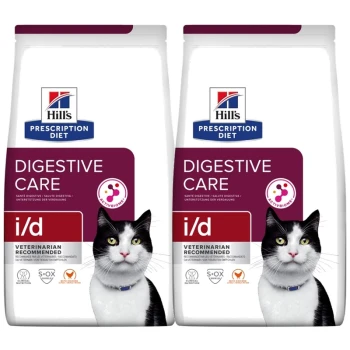 Twee zakken van Hill's Prescription Diet i/d Digestive Care kattenvoer, gelabeld "Veterinair Aanbevolen," met een paars en wit ontwerp.