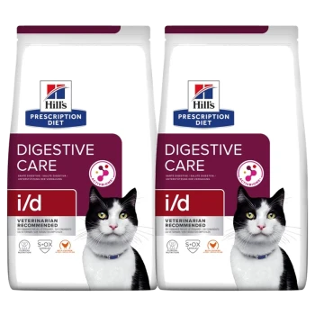 Zwei Tüten Hill's Prescription Diet i/d Verdauungsversorgung Katzenfutter, beschriftet mit "Vom Tierarzt empfohlen", mit einem lila und weißen Design.