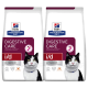 Zwei Tüten Hill's Prescription Diet i/d Verdauungsversorgung Katzenfutter, beschriftet mit "Vom Tierarzt empfohlen", mit einem lila und weißen Design.